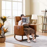 Yaheetech Leather Living Room Chair, Rocking Accent Chair, Modern Nursery Glider Chair with High Back and Side Pocket, Accent Rocker Armchair with Wood Legs for Living Room Bedroom Study, Brown Yaheetech