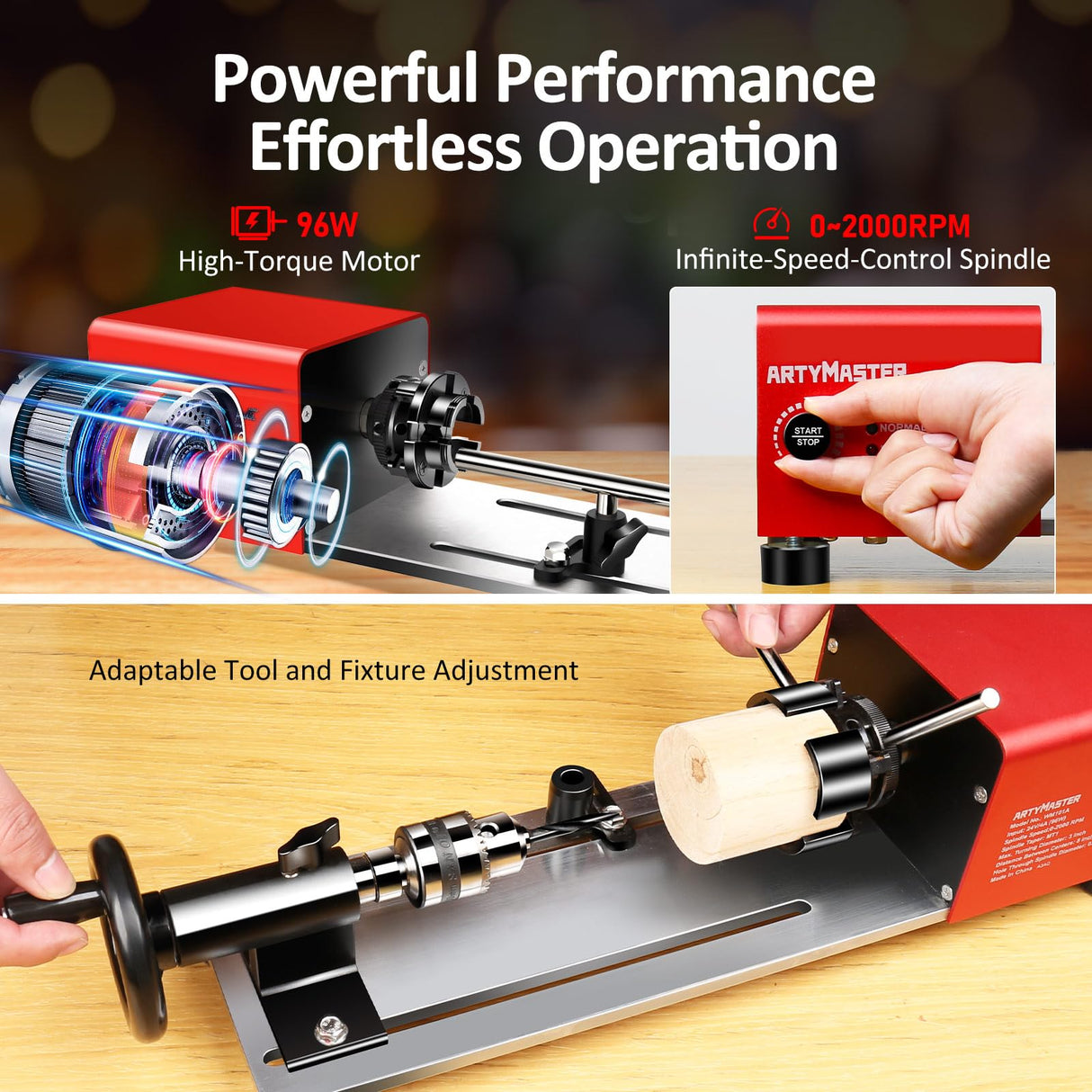 Mini Lathe, WM101A Mini Wood Lathe Machine, 24VDC 96W Power Lathe, Small Benchtop Lathe with Wood Turning Lathe Tools Kits, Infinitely Variable Speed, Professional for DIY Woodworking. ArtyMaster