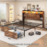 TIGUBFRE King Size Bed Frames with Storage Headboard and 4 Drawers, Farmhouse Platform Bed Frame with Charging Station & LED Lights, Metal Slats Support, Noise Free, No Box Spring Needed, Rustic Brown TIGUBFRE