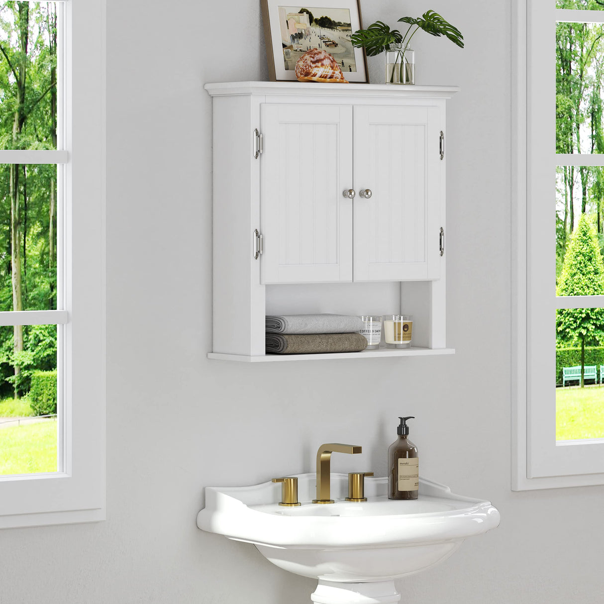 UTEX Bathroom Cabinet Wall Mounted, Wood Hanging Cabinet, Wall Cabinets with Doors and Shelves Over The Toilet for Bathroom,White UTEX