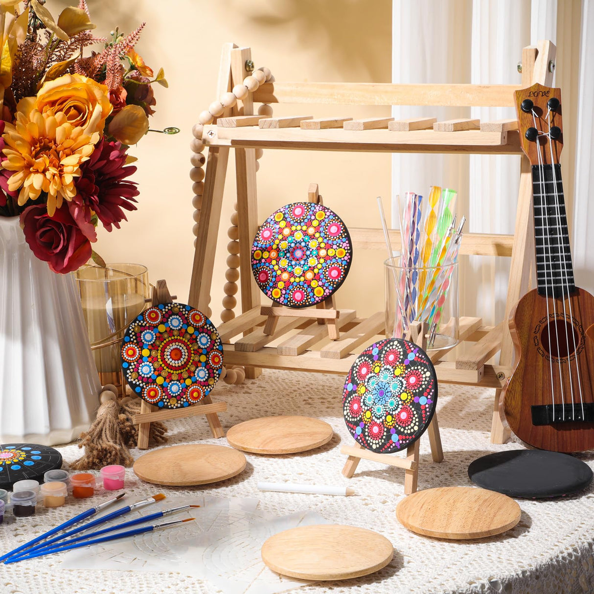 Potchen 10 Pcs Mandala Rock Painting Kit Mandala Dotting Tools Kit Wooden Rocks Dot Paint Stencils Tool Set for Adults Arts Drawing Home Decor Activity DIY Mothers Day Gift Potchen