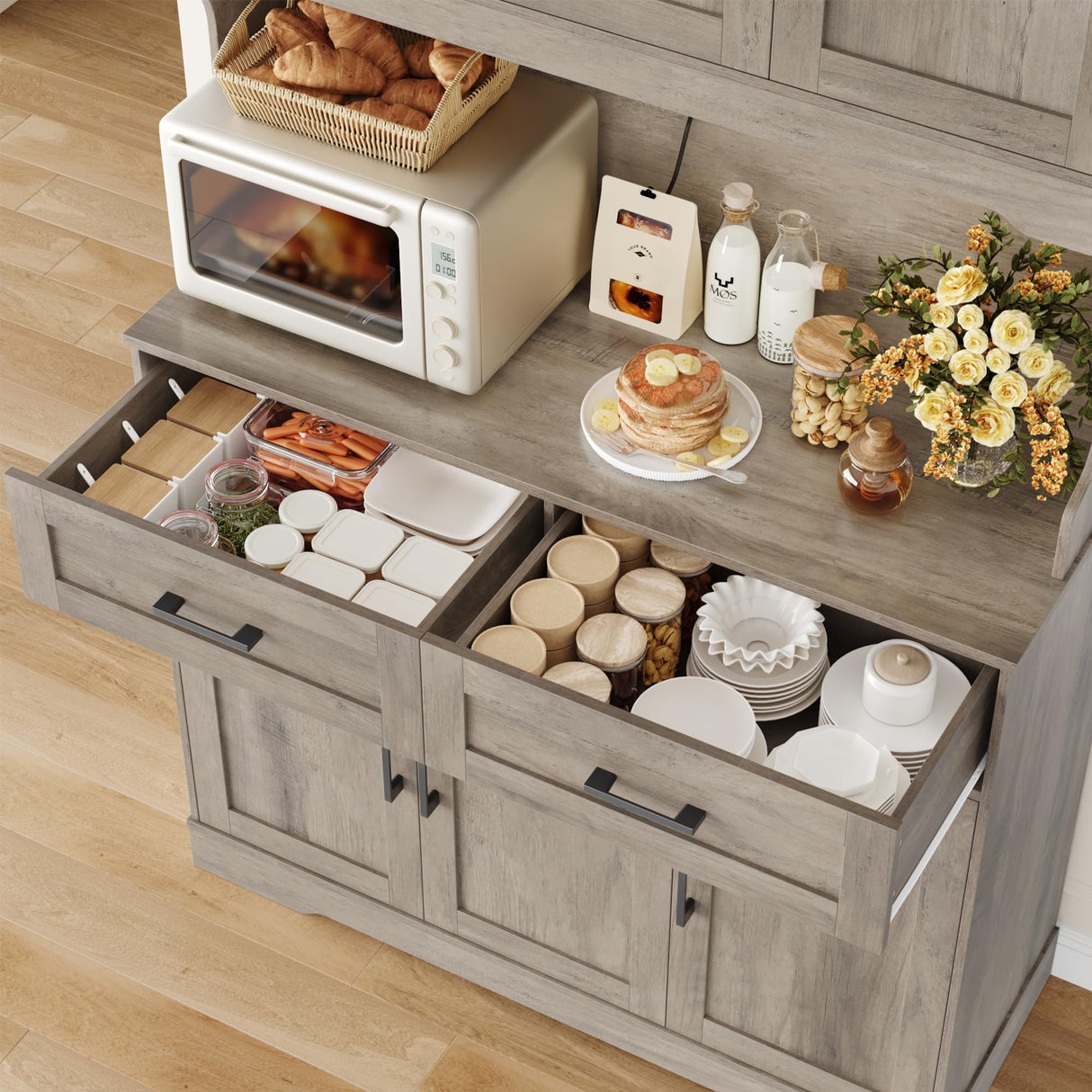 FACBOTALL Tall Kitchen Pantry Cabinet, Kitchen Cabinets with Countertop, Farmhouse Kitchen Pantry Storage Cabinet with Doors and Adjustable Shelves, Kitchen Hutch for Kitchen,Wash Gray FACBOTALL