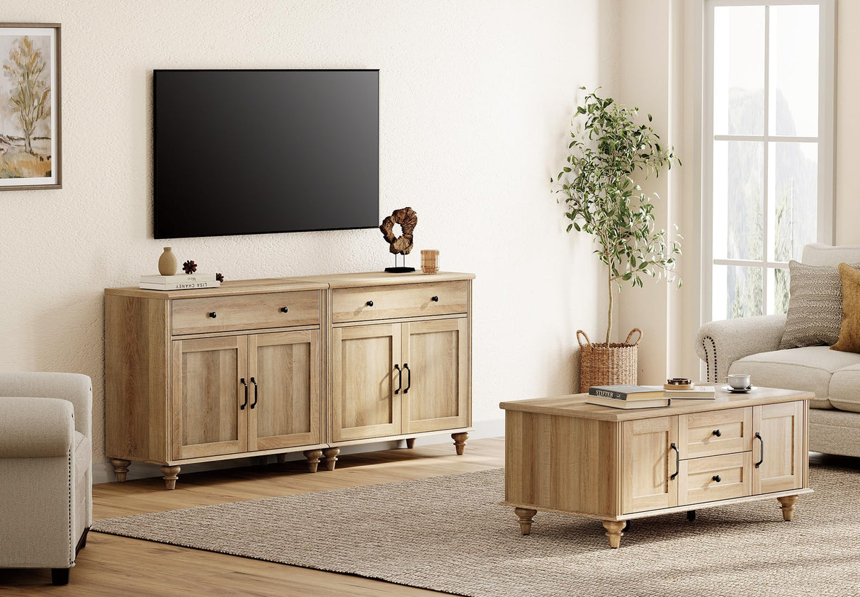 WAMPAT Farmhouse TV Stand for 75 inch TV with 4 Doors and 2 Drawers, Wood Universal TV Stand with Storage Cabinets, Oak Entertainment Center TV Console Table for Living Room, Bedroom WAMPAT