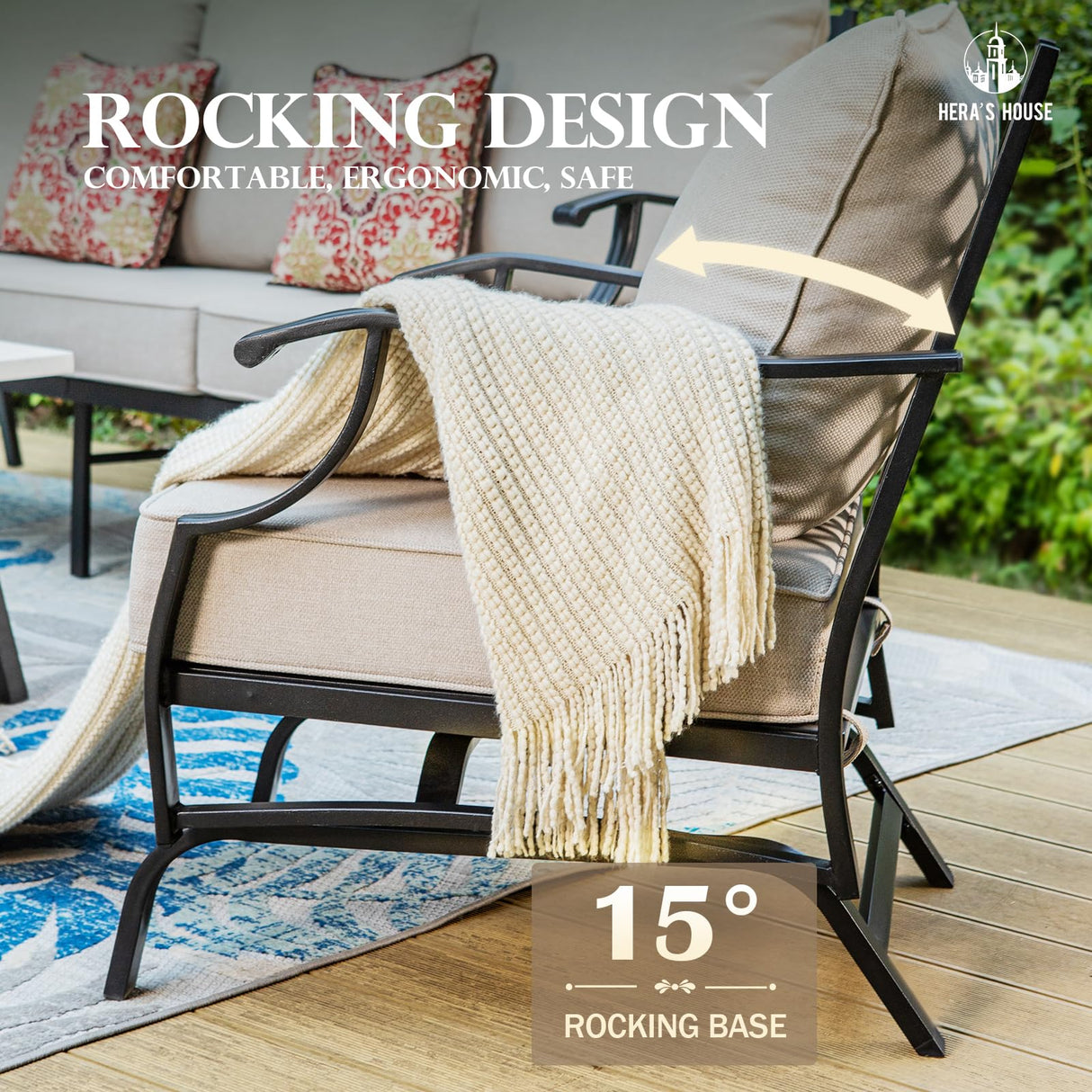 HERA'S HOUSE 5 Pieces Patio Furniture Set, 2 x Cushioned Rocking Chair, 2 x Ottoman, 1 x 3-Seat Sofa, All Cushioned 7 Seats Outdoor Conversation Set for Lawn Garden Backyard HERA'S HOUSE