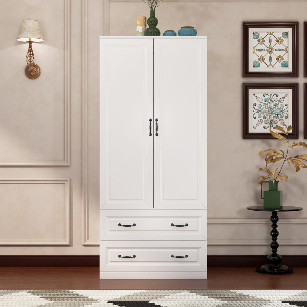 NewBeth 71" Wood Armoire Wardrobe Closet with 2 Doors and 2 Drawers, Clothes Storage Organizer Cabinets with Hanging Rod Freestanding Wardrobe for Bedroom, White (Style1) NewBeth
