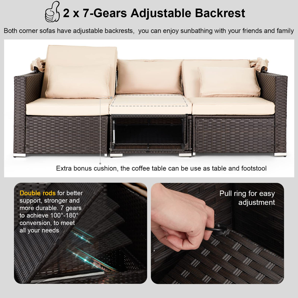 HOMREST 6 Pieces Patio Furniture Sets, Rattan Daybed with Retractable Canopy, Outdoor Sectional Sofa Set with Adjustable Backrest, Chaise Chair Sunbed for Garden Poolside Backyard (Khaki) HOMREST