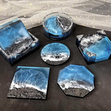 RESINWORLD Set of 3 Thick Square Octagon Round Coaster Molds with Matching Holder Mold, Shiny Coaster Silicone Molds for Resin Casting ResinWorld