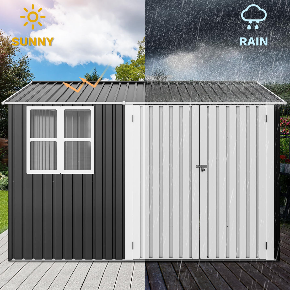 DWVO 10' x 10' Outdoor Storage Shed, Waterproof Metal Garden Shed with Windows, Lockable Doors, and Sloped Roof for Patio, Backyard, Lawn, Tool Storage, Bike Shed, Pet Shelter (Gray + White) DWVO