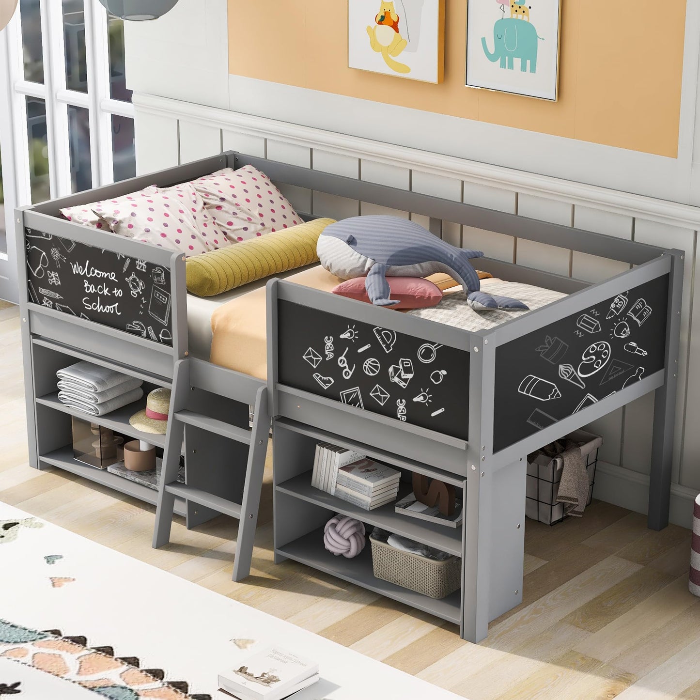 SOFTSEA Twin Size Low Loft Bed, Solid Wood Loft Bed Frame with 2 Movable Shelves and Ladder, Low Loft Bed with Decorative Guardrail and Chalkboard for Boys and Girls, Grey