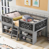 SOFTSEA Twin Size Low Loft Bed with Movable Shelves, Chalkboard, and Guardrail in Grey SOFTSEA