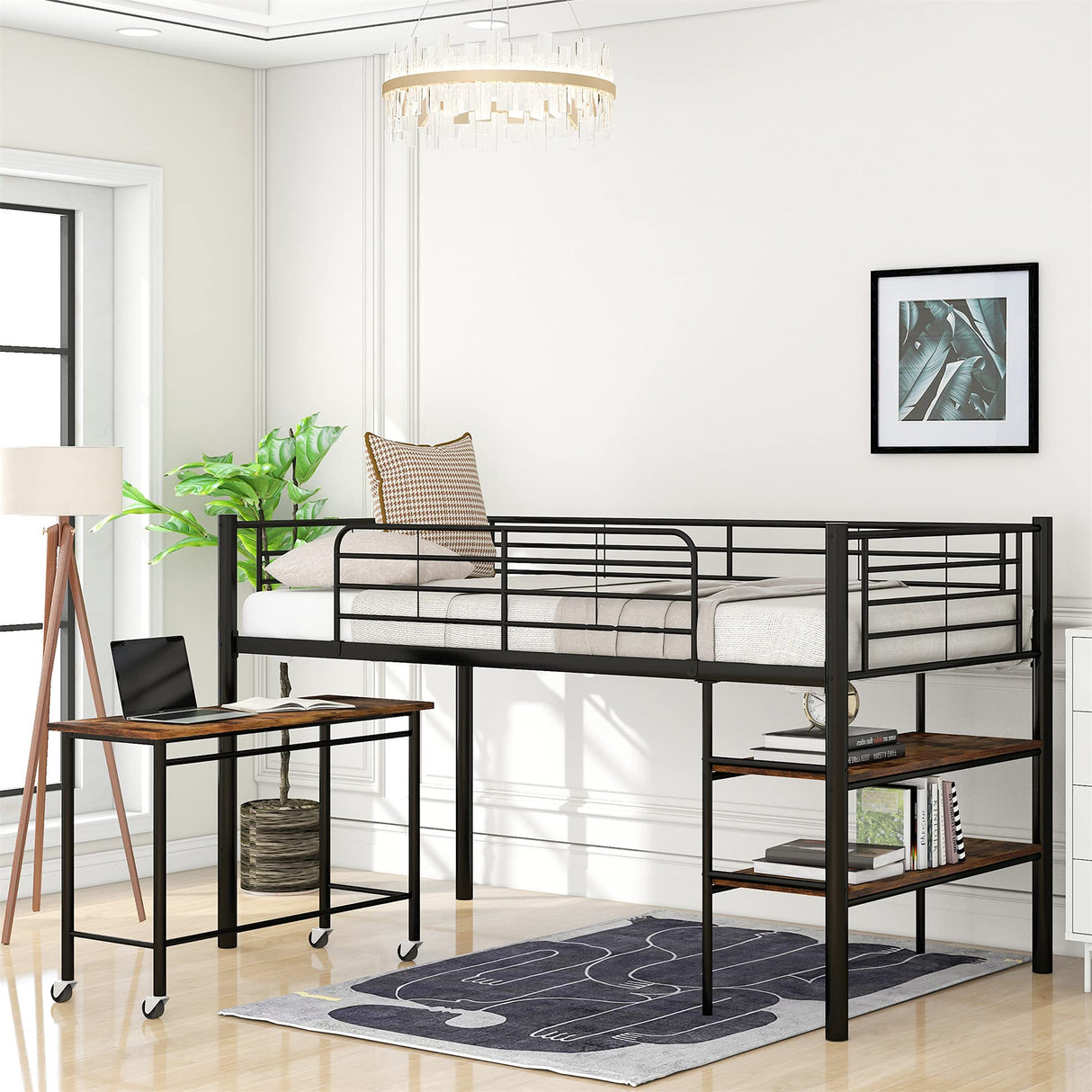 Harper & Bright Designs Low Loft Bed with Desk, Twin Size Metal Loft Bed Frame with Storage Shelves for Kids (Twin Size, Black) Harper & Bright Designs