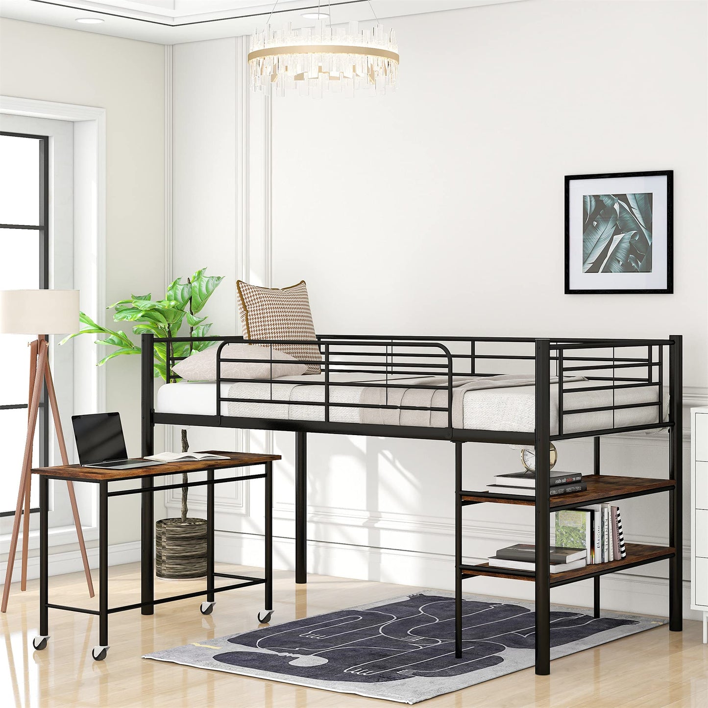 Harper & Bright Designs Low Loft Bed with Desk, Twin Size Metal Loft Bed Frame with Storage Shelves for Kids (Twin Size, Black)