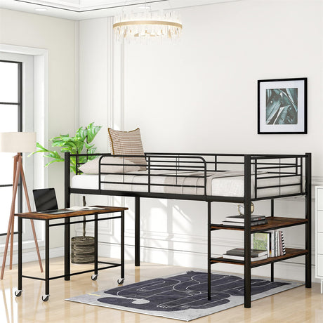 Harper & Bright Designs Low Loft Bed with Desk, Twin Size Metal Loft Bed Frame with Storage Shelves for Kids (Twin Size, Black) Harper & Bright Designs