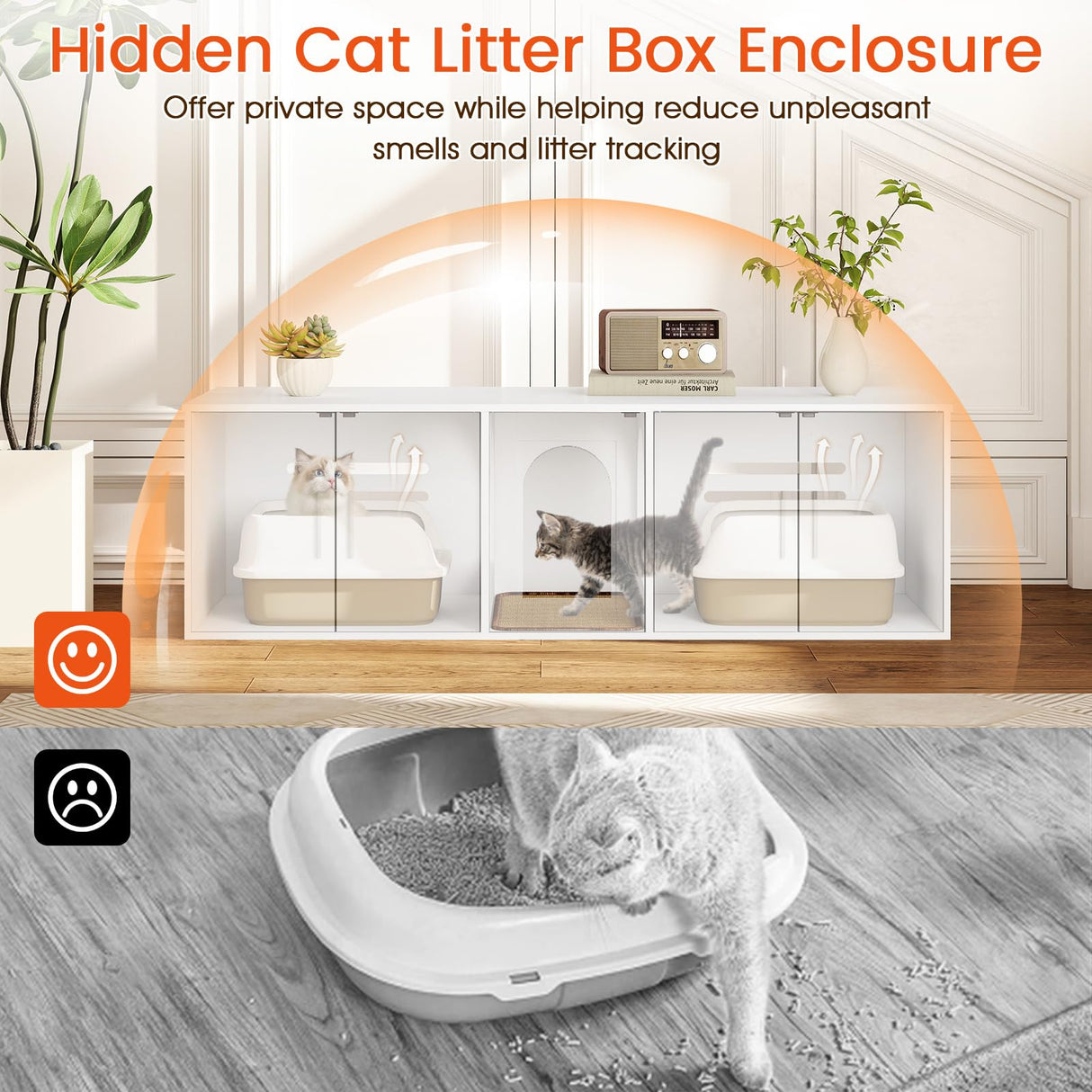 PETSITE Double Cat Litter Box Enclosure for 2 Cats, 58-Inch Long Modern Hidden Litter Box Enclosure Furniture with Double Room and Sisal Scratching Pad, White PETSITE