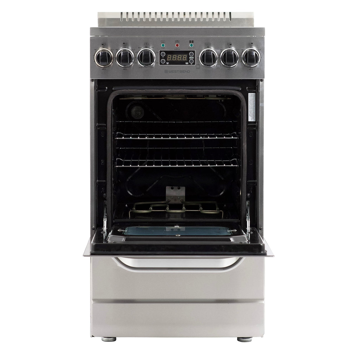 West Bend WB200ERPSS 20-Inch Electric Range, Compact Design, Top with 4 Cooking Zones, Glass Oven Door, Storage Drawer, and Rotisserie Accessories, 2.0 Cu. Ft, Stainless Steel, Metallic West Bend