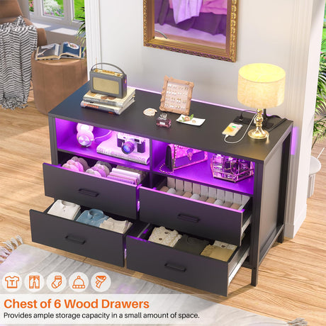 Girapow Dresser for Bedroom, Wooden Bedroom Dresser with LED Lights and Charging Station, 4 Drawers Dressers, Wide Chest of Drawers Storage Organizer TV Stand for up to 50" TV for Living Room, Black Girapow