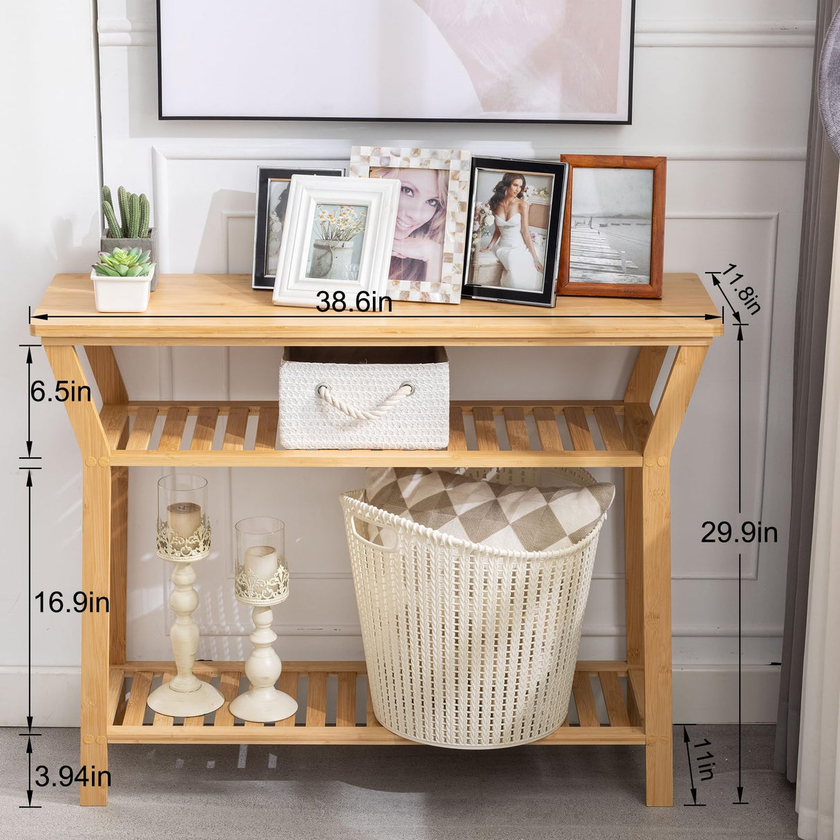 Nnewvante Bamboo Console Table Behind Couch, Entryway Table with Shelves, 3 Tier Narrow Sofa Table for Hallway, Living Room, Foyer 38.6"x11.8" Nnewvante