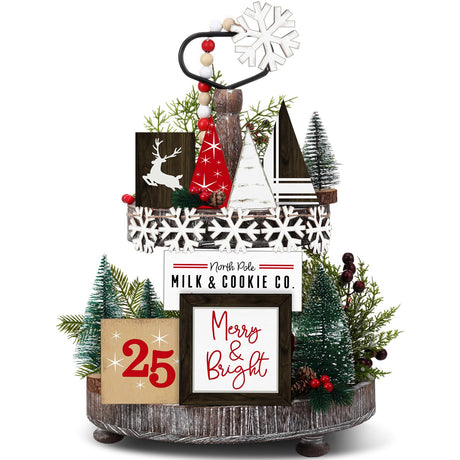 GlikCeil 20 Pcs Christmas Tiered Tray Decor Farmhouse Tier Tray Decorations Rustic Wooden Signs Winter Tiered Tray Decorations Set Decorative Table Signs for Tabletop Shelf Mantel(Classic Style) GlikCeil
