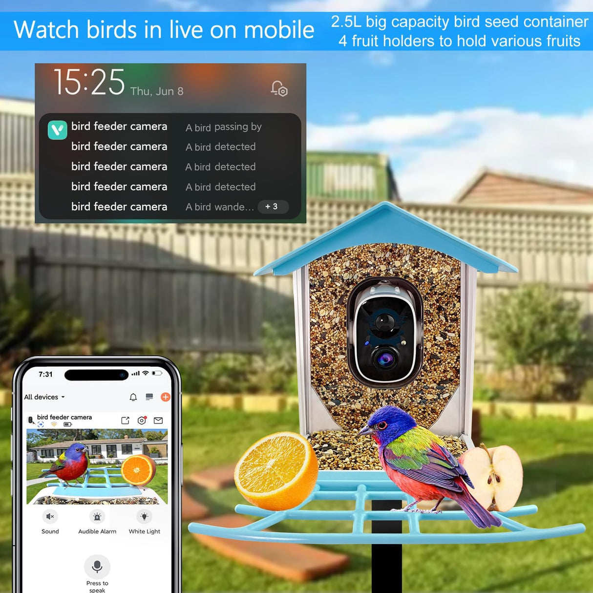 64GB Bird Feeder with Camera, 2K 3MP HD Camera Bird Feeder, AI Identify +10,000 Bird Species, Solar Powered Face Sun, Live Video & Playback on Phone & Tablet, Smart Wild Bird Watching Gifts Kadymay