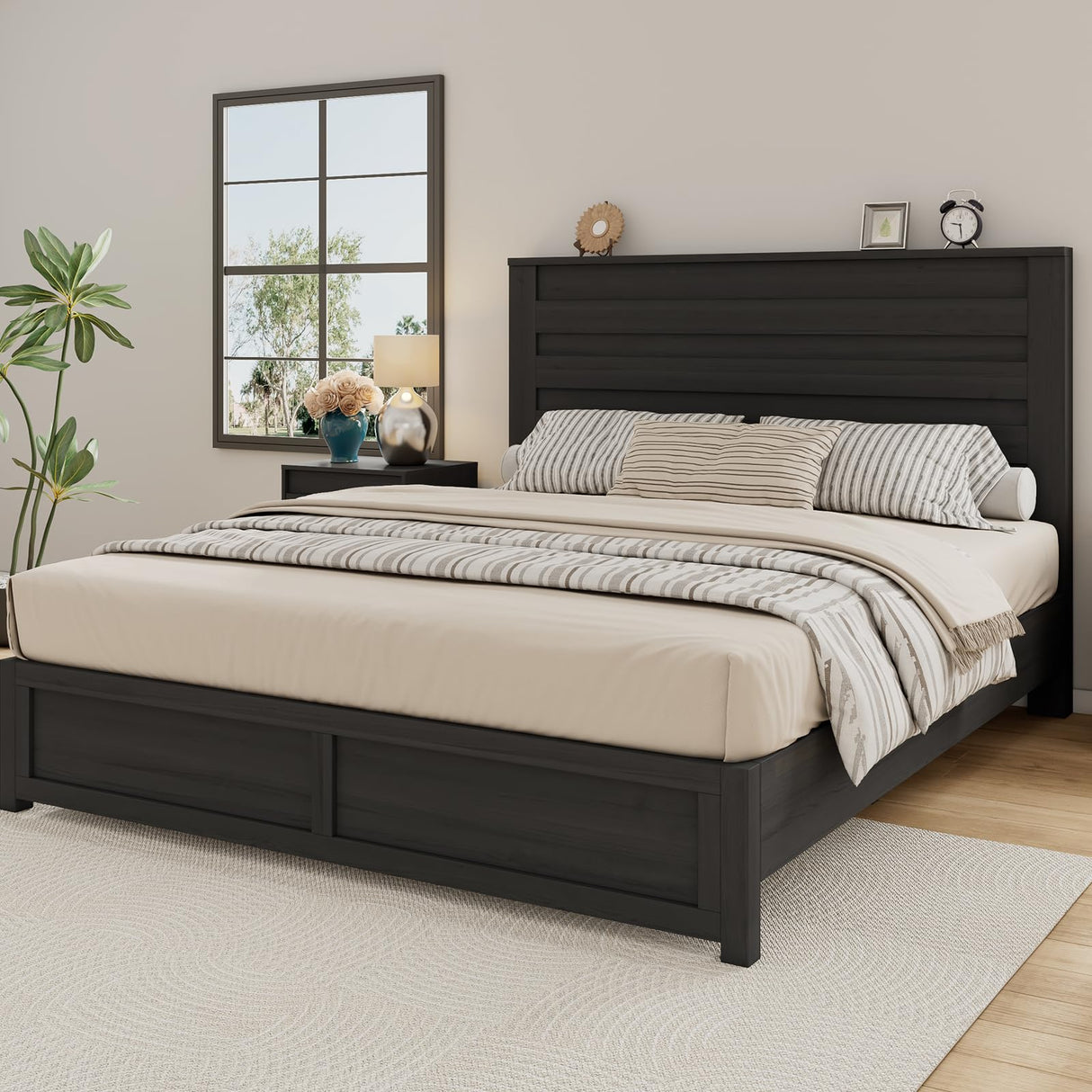 Albott Queen Size Farmhouse Bed Frame with 49" Headboard, Platform Bed Frame with Wood Slats Support/No Box Spring Needed/Easy Assembly, Black Albott