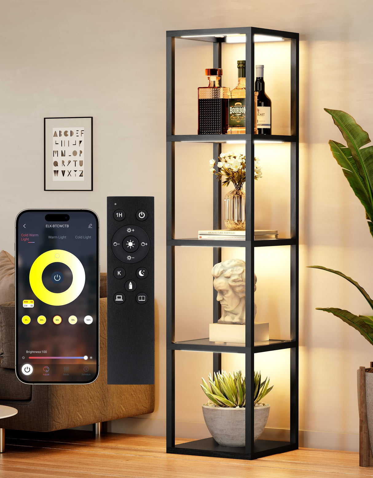 PARTPHONER Floor Lamp Glass Display Shelf with Remote/APP Control, Dimmable LED Floor Lamp with Shelves, Open Display Cabinet, Color Temp Control (2700K-6000K), Black PARTPHONER