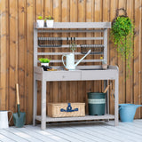 Outsunny Potting Bench Table, Garden Work Bench, Workstation with Metal Sieve Screen, Removable Sink, Additional Hooks and Baskets for Patio, Courtyards, Balcony, Grey Outsunny