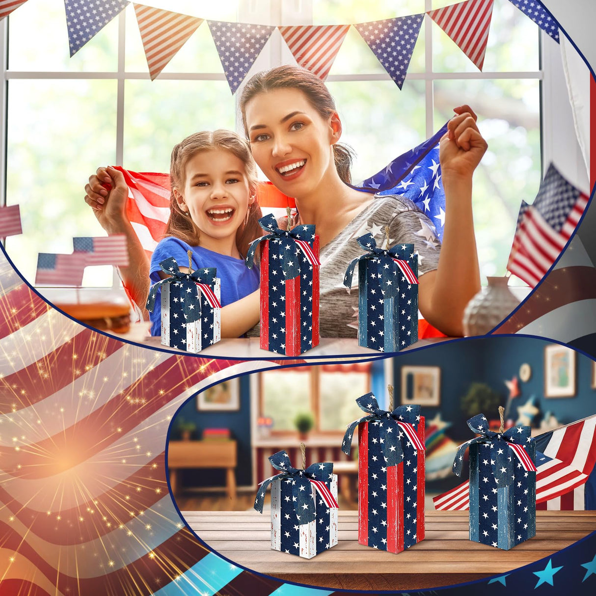 DoubleFill 3 Pcs 4th of July Decor Rustic Wood Presents Firework Patriotic Wooden Faux Blocks with Bowknot Independence Day Centerpiece for Table 4th of July Tiered Tray Decor Farmhouse Decorations DoubleFill