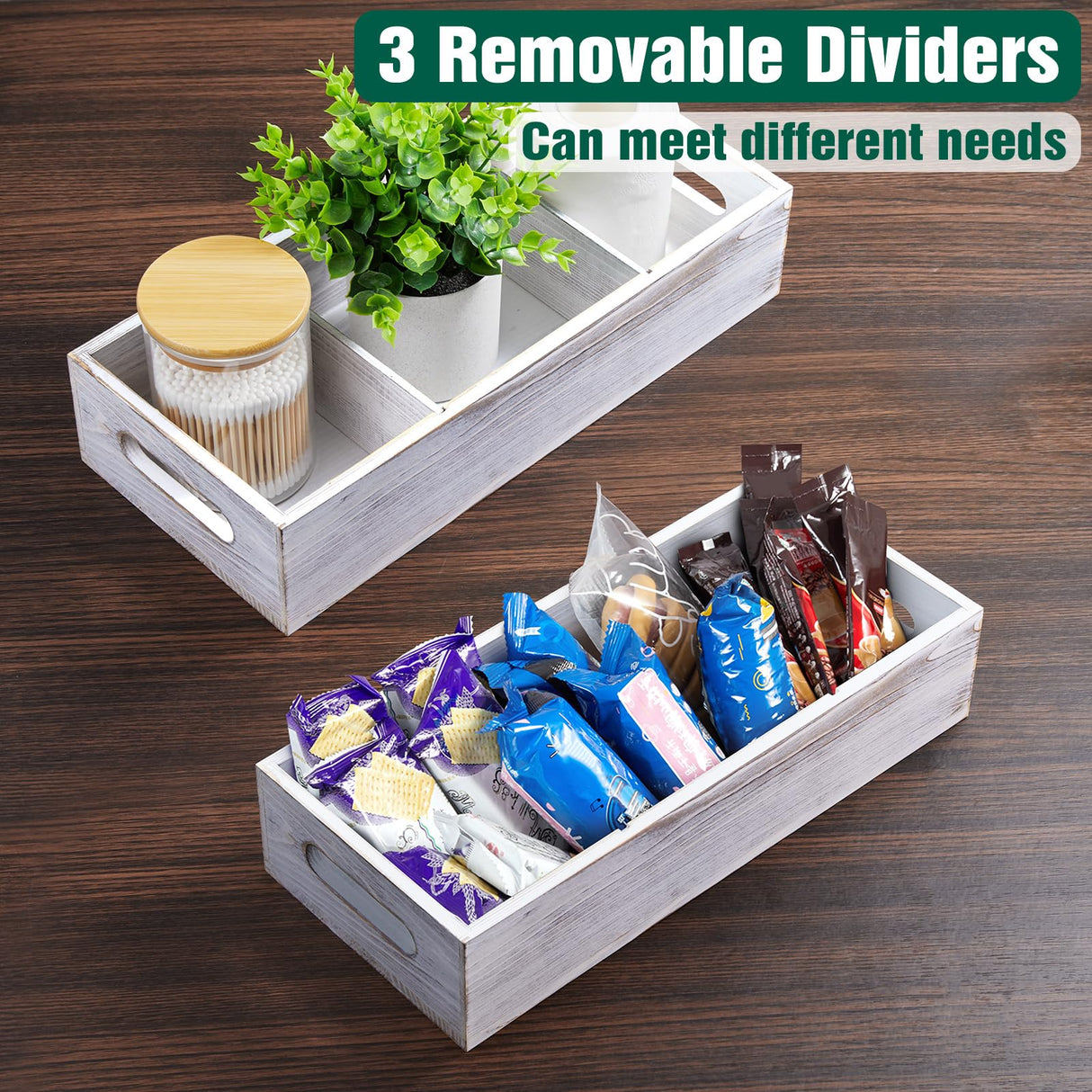 14 Inch Farmhouse White Bathroom Basket with Removable Dividers - 3 Comparments Wood Toilet Paper Basket for Back of Toilet Tank Topper - White Storage Organizer for Bathroom Pantry Organization dreamkey