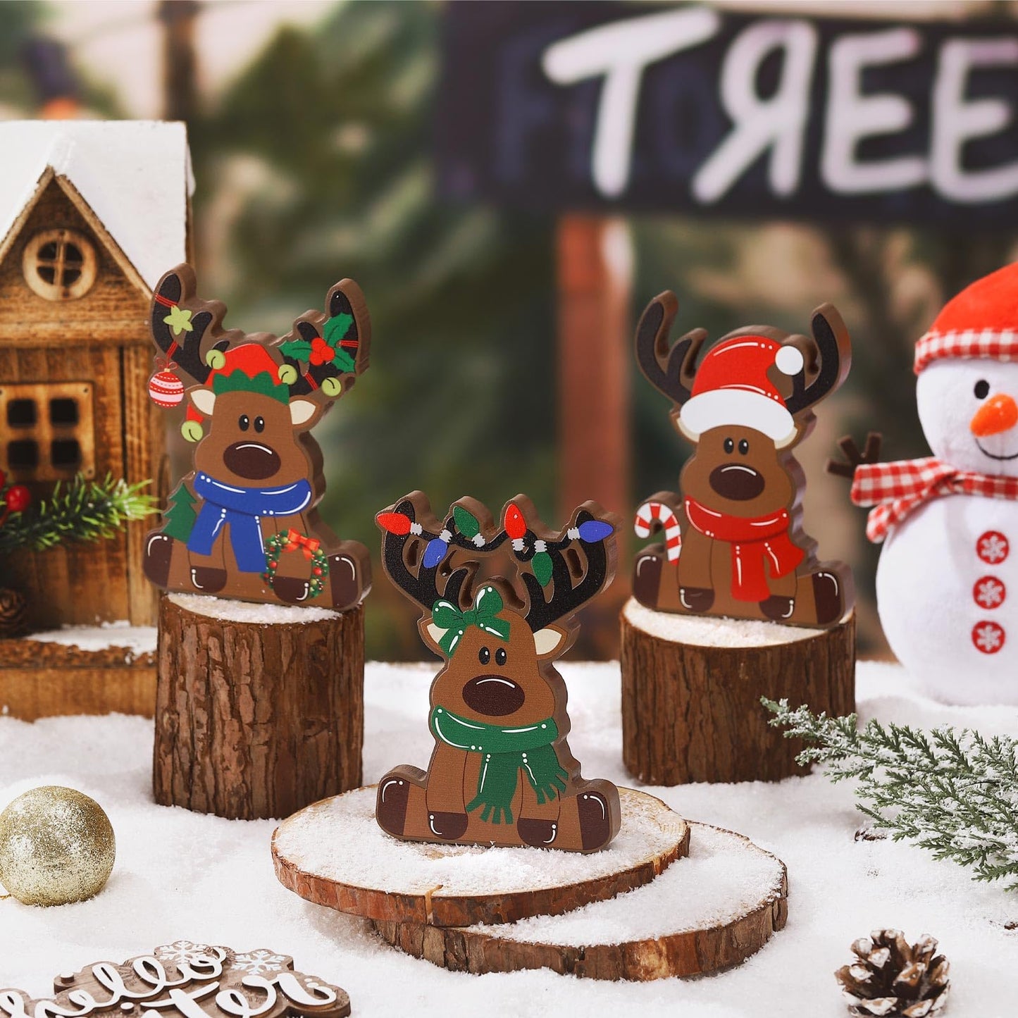 GlikCeil 3 Pcs Reindeer Christmas Tabletop Decorations Wooden Reindeer Shelf Decor Christmas Tiered Tray Rustic Farmhouse Christmas Reindeer Standing Tabletop Elk Decor for Home Shelf Cabinet Table