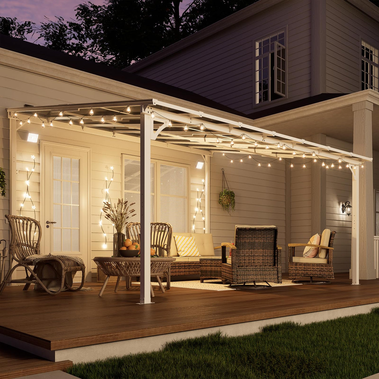 MEISSALIVVE 12' x 14' Gazebo, Wall Mounted Gazebo, Lean to Metal Awnings Gazebos, Gazebo Pergola with Sloped Roof, Outdoor Patio Gazebo Awning for Backyard, Deck, White MEISSALIVVE