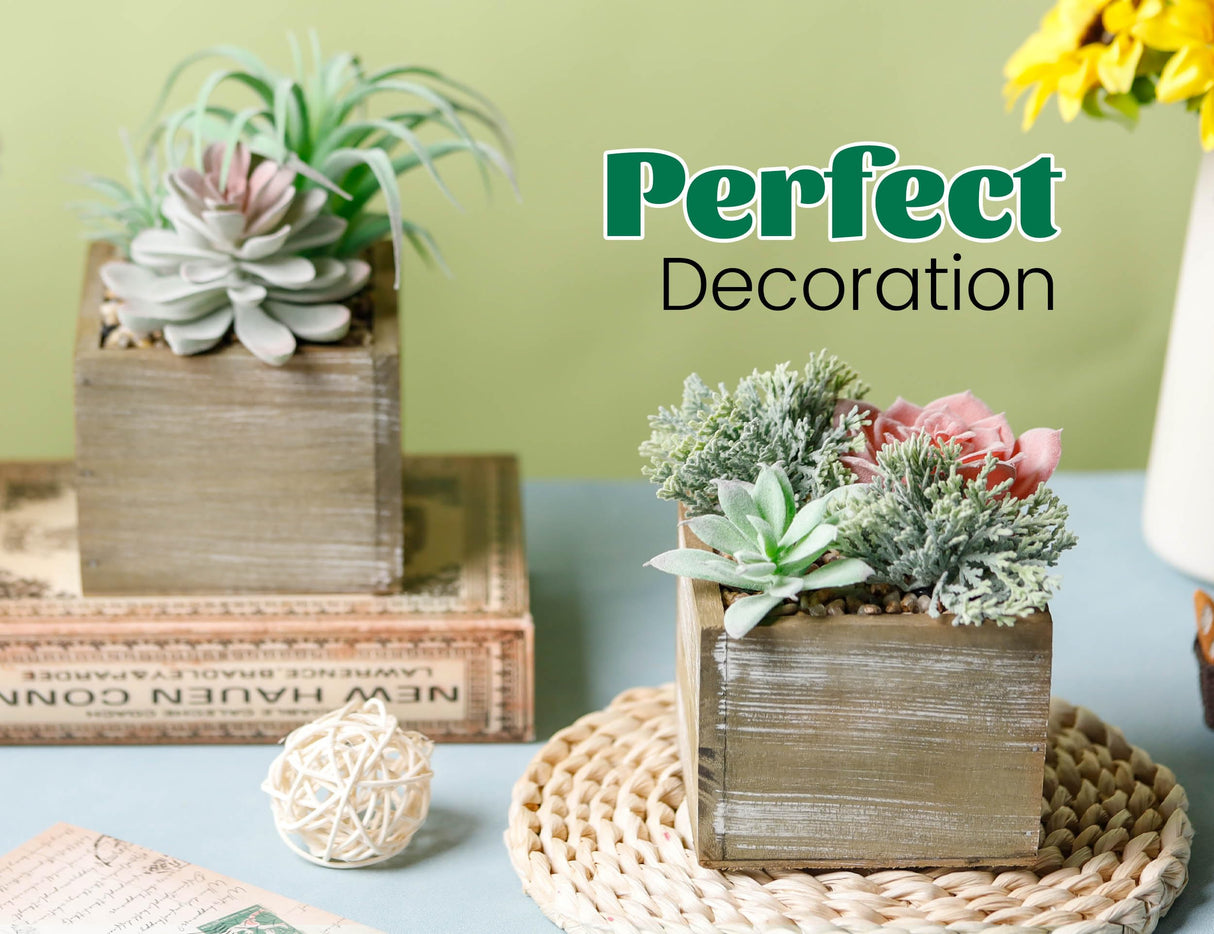 Der Rose Set of 2 Succulents Plants Artificial Fake Plants in Wood Pots with Pink Fake Flowers for Farmhouse Bathroom Desk Sheif Decor Der Rose