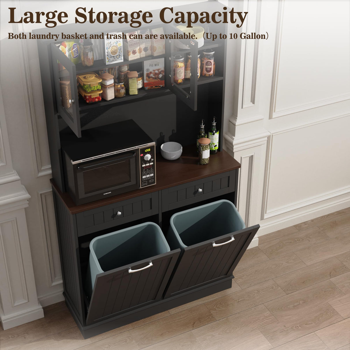 YOCONYO Double Tilt Out Trash Cabinet Storage Cabinet 20 Gallon with Two Solid Wood Hideaway Trash Holder Drawers, Dual Wooden Free Standing Recycling Cabinets Trash Can Bin Kitchen (Black) YOCONYO