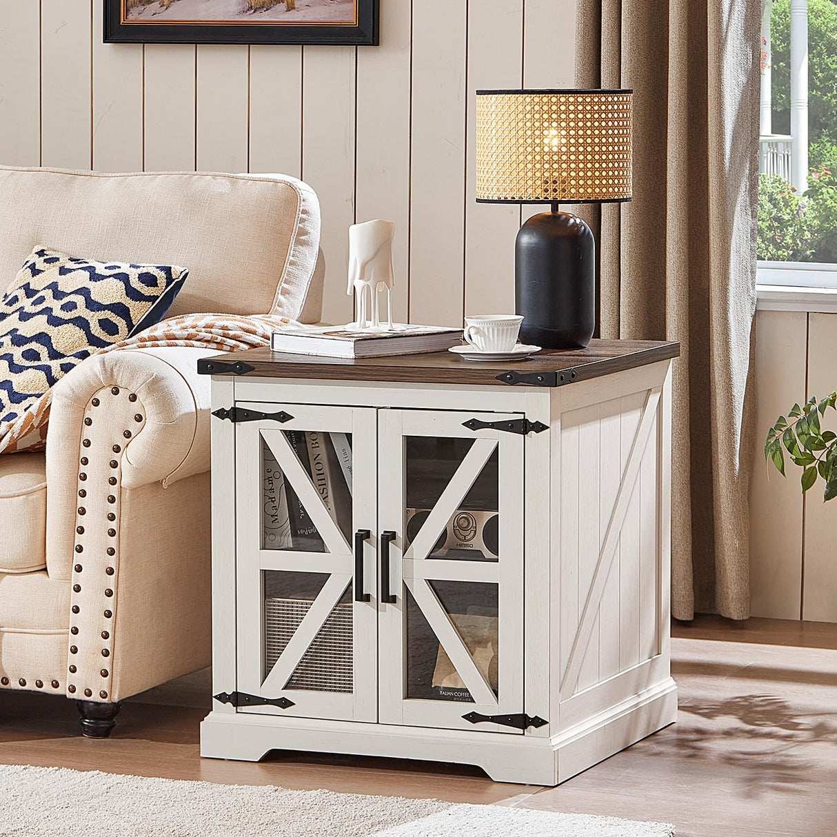 Joaxswe 24" End Table with Charging Station, Farmhouse Night Stand with Glass Barn Door, White Nightstands with Adjustable Storage Shelf, Large Wood Square Bed Side Table for Living Room,Bedroom Joaxswe