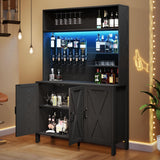 DWVO Tall Liquor Cabinets with LED Light, 71" Wine Liquor Bar Cabinet w/ 6-Bottle Liquor Dispenser & Wine Rack, Farmhouse Kitchen Cabinet for Dining Room, Black DWVO