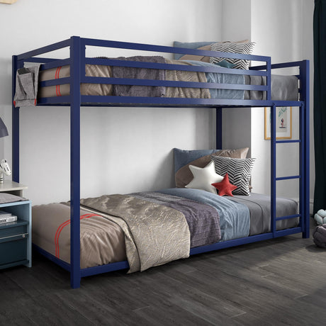 DHP Miles Low Metal Bunk Bed Frame for Kids, With Built-in Ladder, High Guardrail and Metal Slats, Floor Bed Bottom Bunk, No Boxspring Required, For Small Spaces, Twin-Over-Twin, Blue DHP