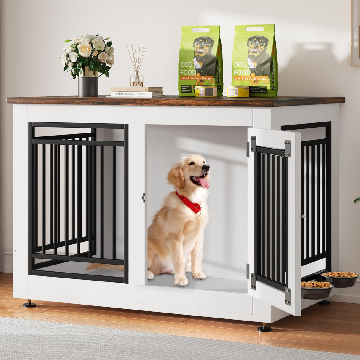 YITAHOME 39" Dog Crate Furniture, Wooden Side End Table with Adjustable Feet and Removable Bowls, Dog Kennel Indoor for Medium Large Dogs YITAHOME