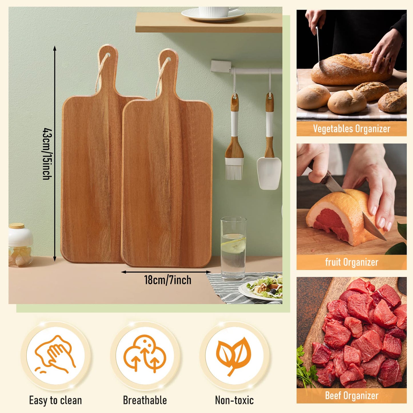 6 Pack Acacia Wood Cutting Board with Handle Wooden Kitchen Chopping Boards Large Wooden Charcuterie Boards Cheese Serving Board Wooden Cutting Board for Meat Cheese Bread Vegetables Fruit (1 - WoodArtSupply