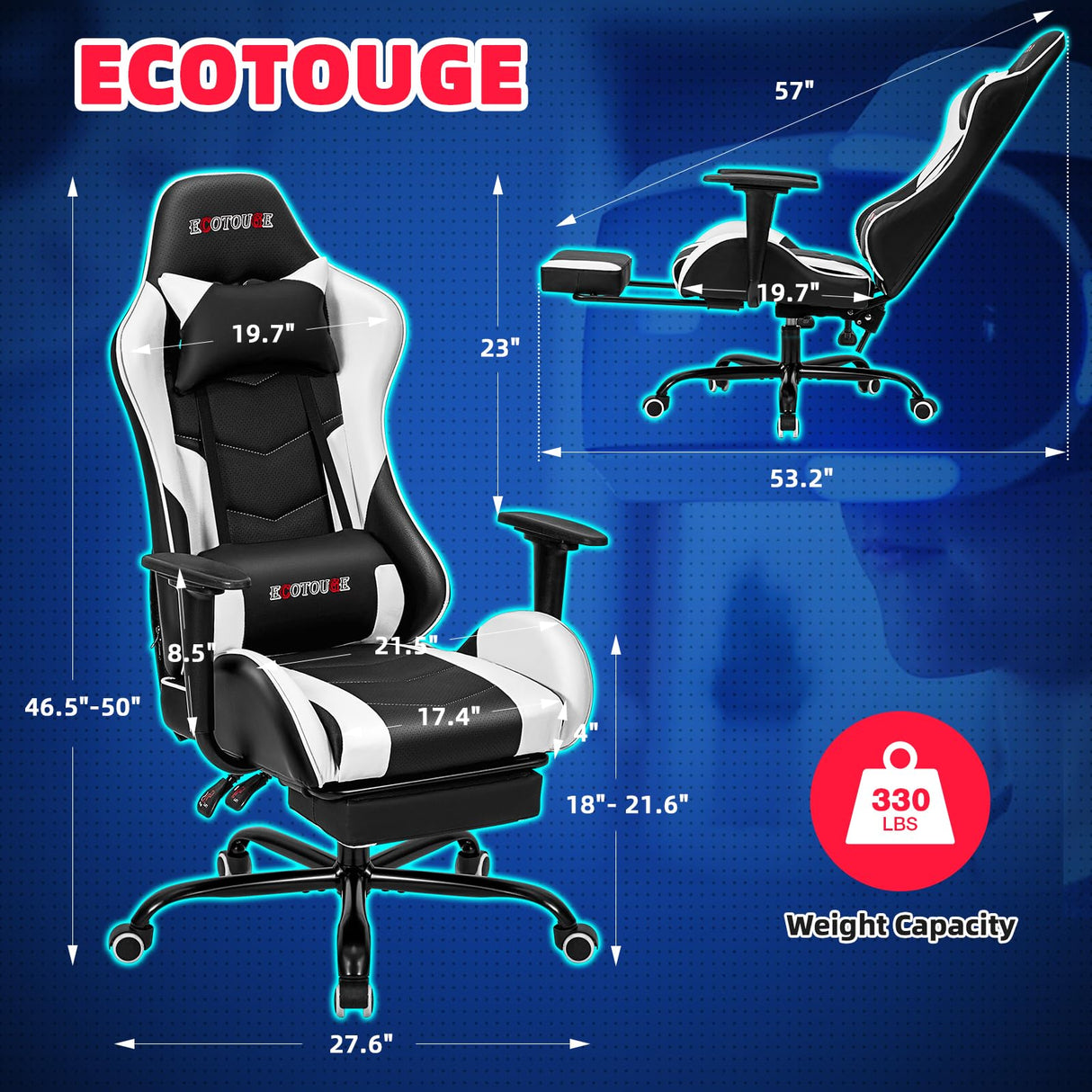 ECOTOUGE PC Massage Gaming Chair with Footrest Ergonomic Office Desk Chair Racing PU Leather Recliner Swivel Rocker with Headrest and Lumbar Pillow,White ECOTOUGE