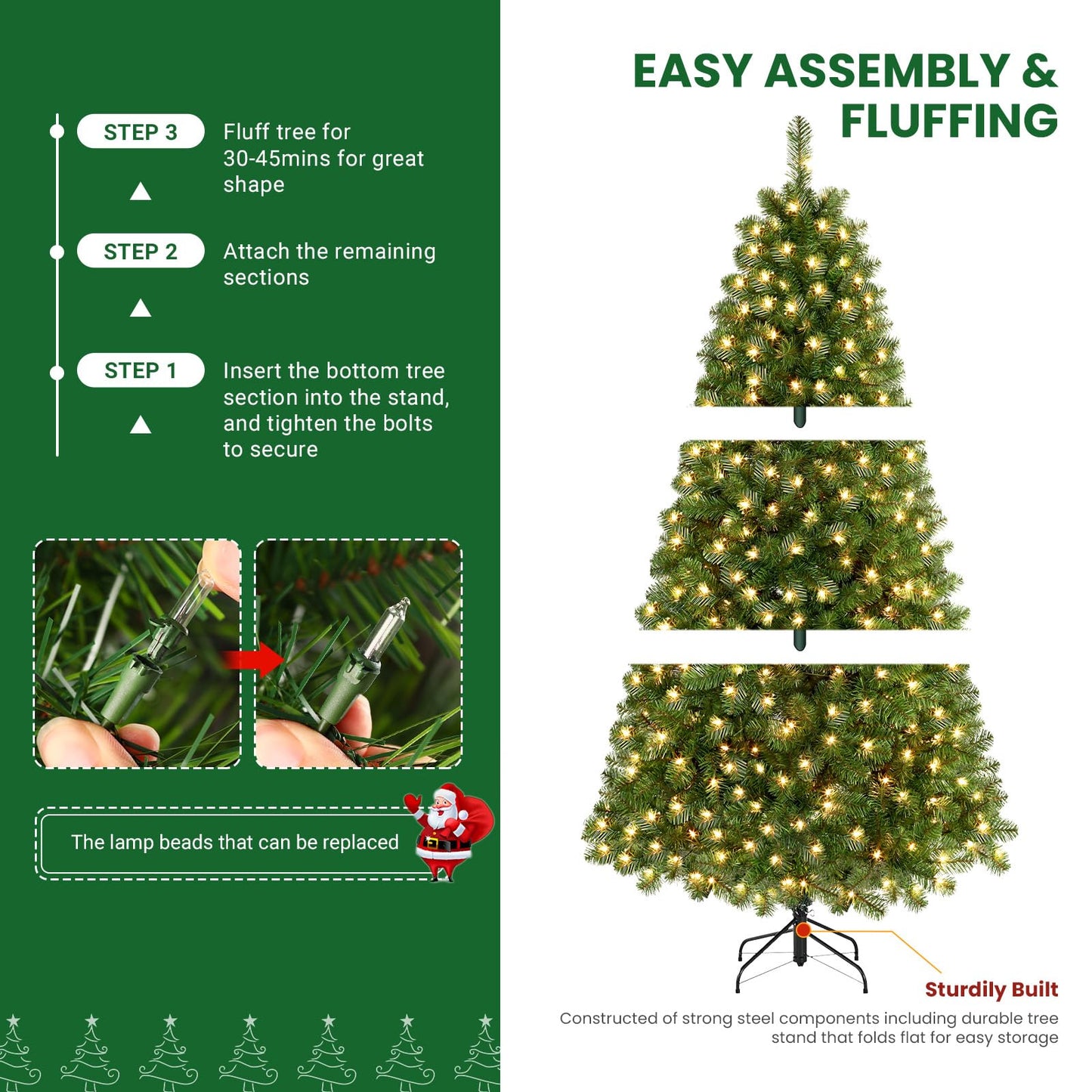 SHareconn 7.5ft Prelit Premium Artificial Hinged Christmas Tree with Pre-lit 350 Warm White Lights, 998 Branch Tips and Foldable Stand, Perfect Choice for Xmas Decoration, 7.5 FT, Green