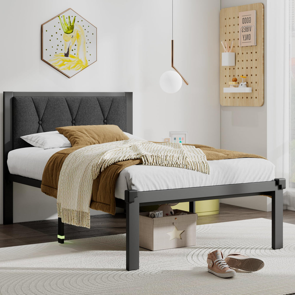 Einhomn Twin Size Metal Bed Frame, Platform Bed with Upholstered Button Tufted Headboard, 12" Underbed Storage, Steel Slats Support, No Box Spring Needed, Easy Assembly, Noise-Free, Dark Grey Einhomn