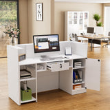 PAKASEPT Modern Reception Desk with LED Lights, 63 Inches Front Counter Table with Lockable Drawer & Shelves, Checkout Counter for Reception Room, Lobby, Beauty Salon, Retail,Office PAKASEPT