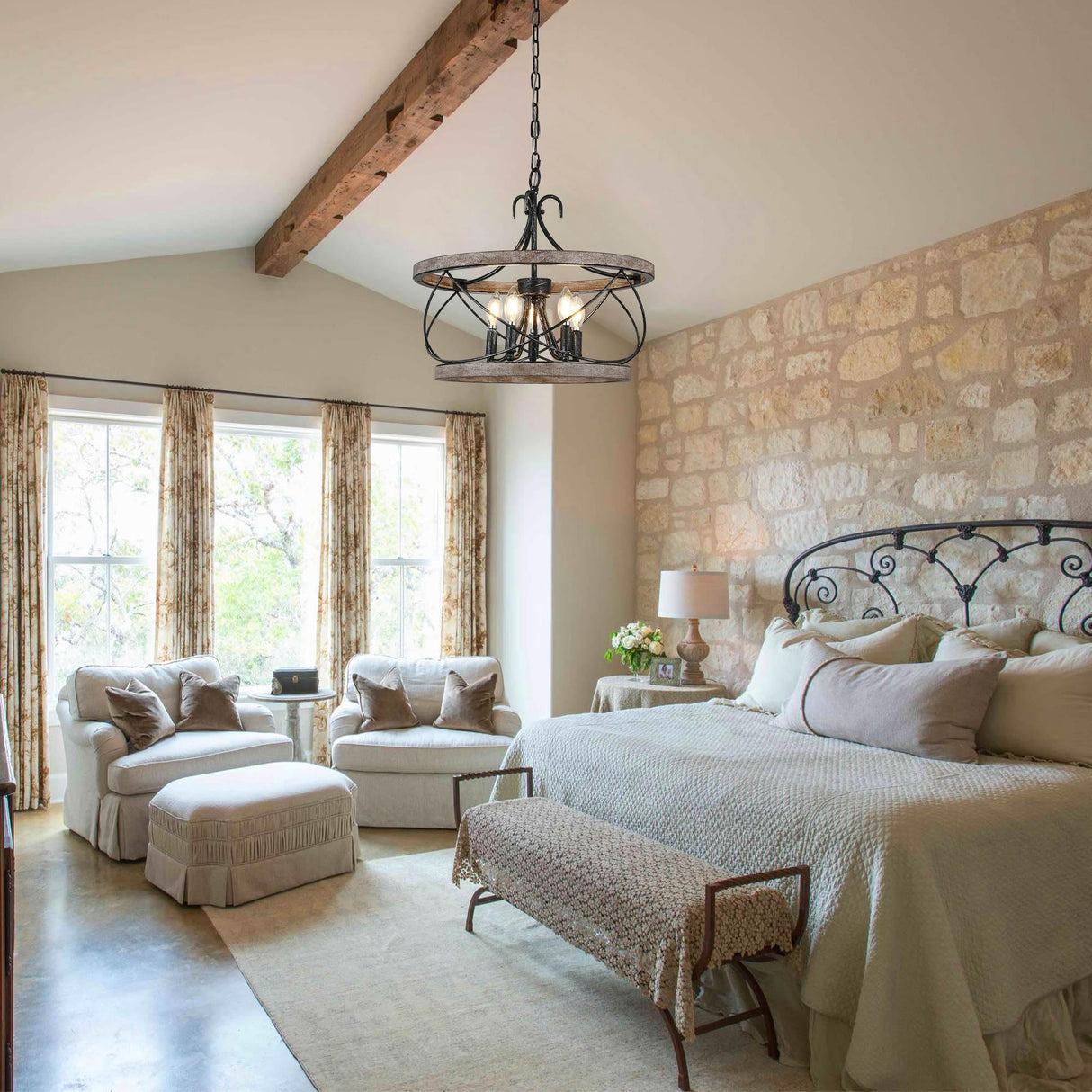 Dawn Whisper Farmhouse Chandelier, 20" Rustic Drum Chandelier Light Fixture Over Table, 5 Light Wood Chandeliers for dining room Dawn Whisper