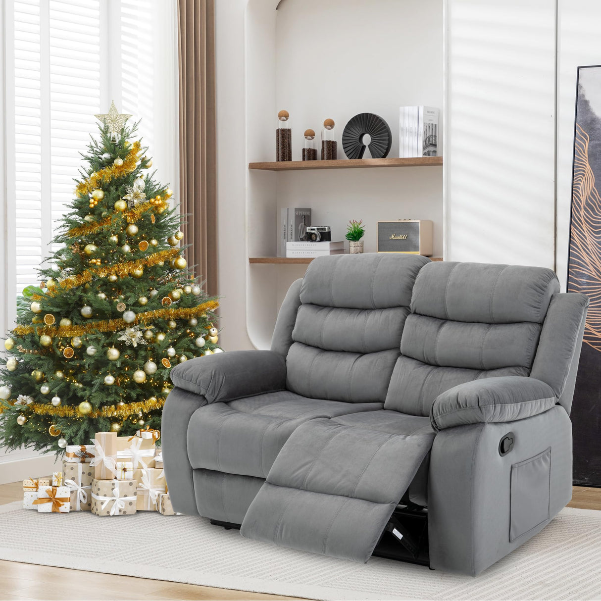 GNMLP2020 Reclining Loveseat Recliner Sofa Couch 2 Seater with Side Pocket, Velvet Double Wall Hugger Loveseat Recliner Sofas for Living Room, RV, Home Theater(Loveseat, Grey) GNMLP2020