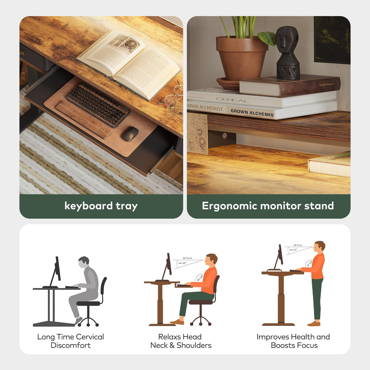 FEZIBO 55 x 24 Inch Height Adjustable Electric Standing Desk with Double Drawers&Keyboard Tray, Stand Up Desk with LED Strips, Sit Stand Desk with Monitor Stand, Rustic Brown FEZIBO