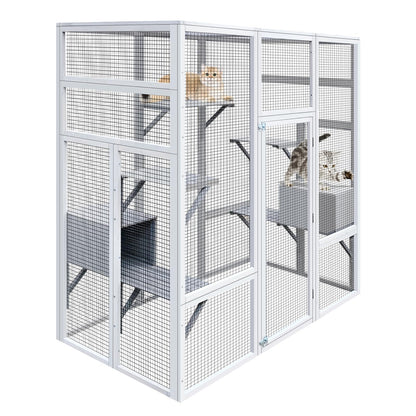 62.6" L x 32.3" W x 70.1" H Outdoor Wooden Cat House Large Catio, Solid Wood Cat Cage Shelter Enclosure Playpen with Anti-UV& Waterproof, 7 Platforms and 2 Resting Boxes - WoodArtSupply