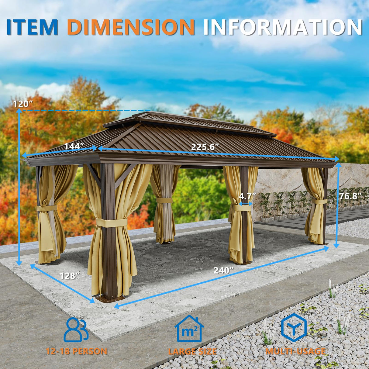 HOTEEL 12x20 Hardtop Gazebo with Metal Roof, Heavy Duty Galvanized Steel Gazebo with Reinforced Aluminum Frame, Flame-Resistant Curtains and Netting, Suitable for Gazebo 10x20, Brown (Upgraded 1.0) Hoteel