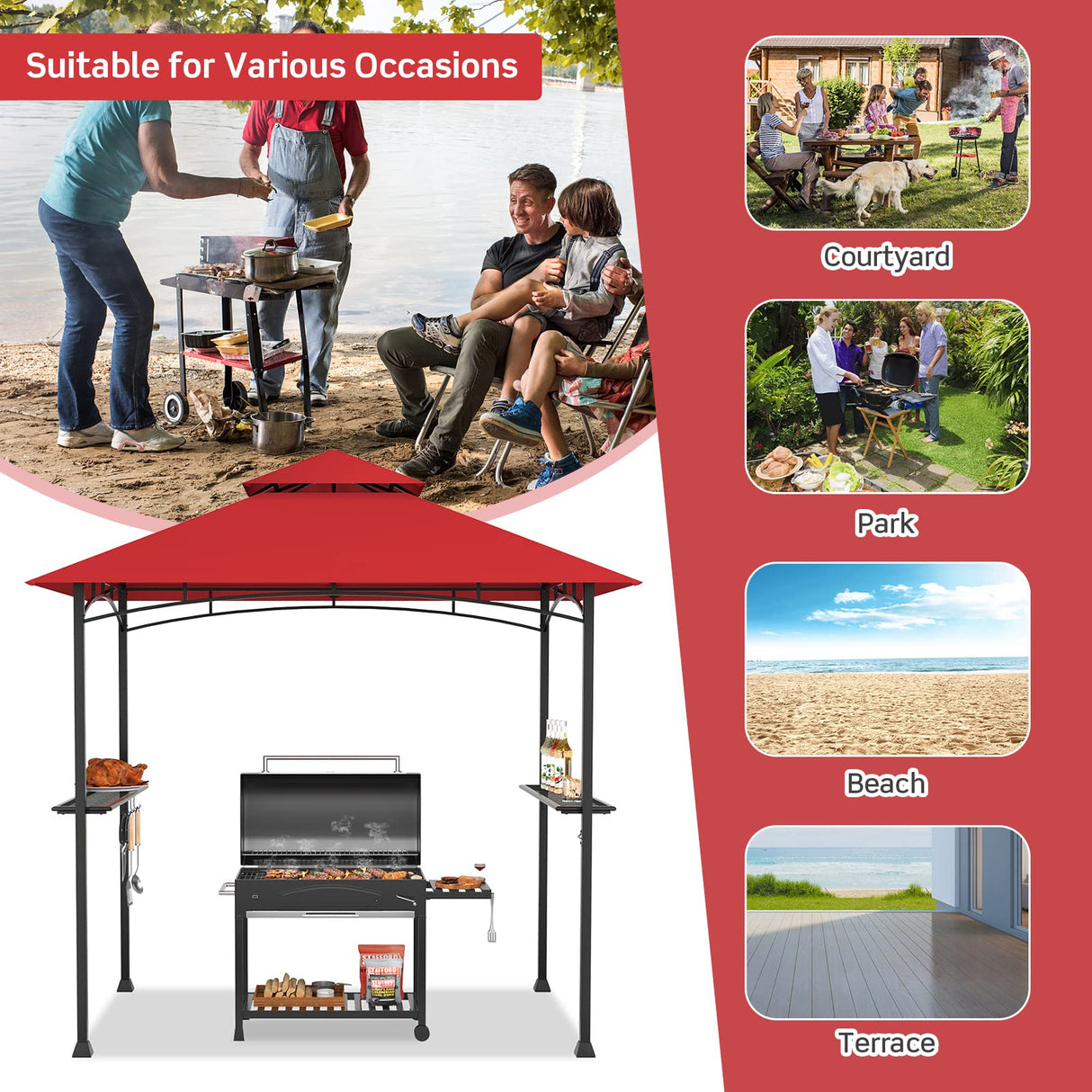 Tangkula 8x5 Ft Grill Gazebo, Double Tiered Outdoor BBQ Gazebo with 2 Side Shelves, 5 Hooks, Bottle Opener, Barbecue Grill Gazebo Shelter for Patio, Garden, Beach, Backyard (Wine) Tangkula