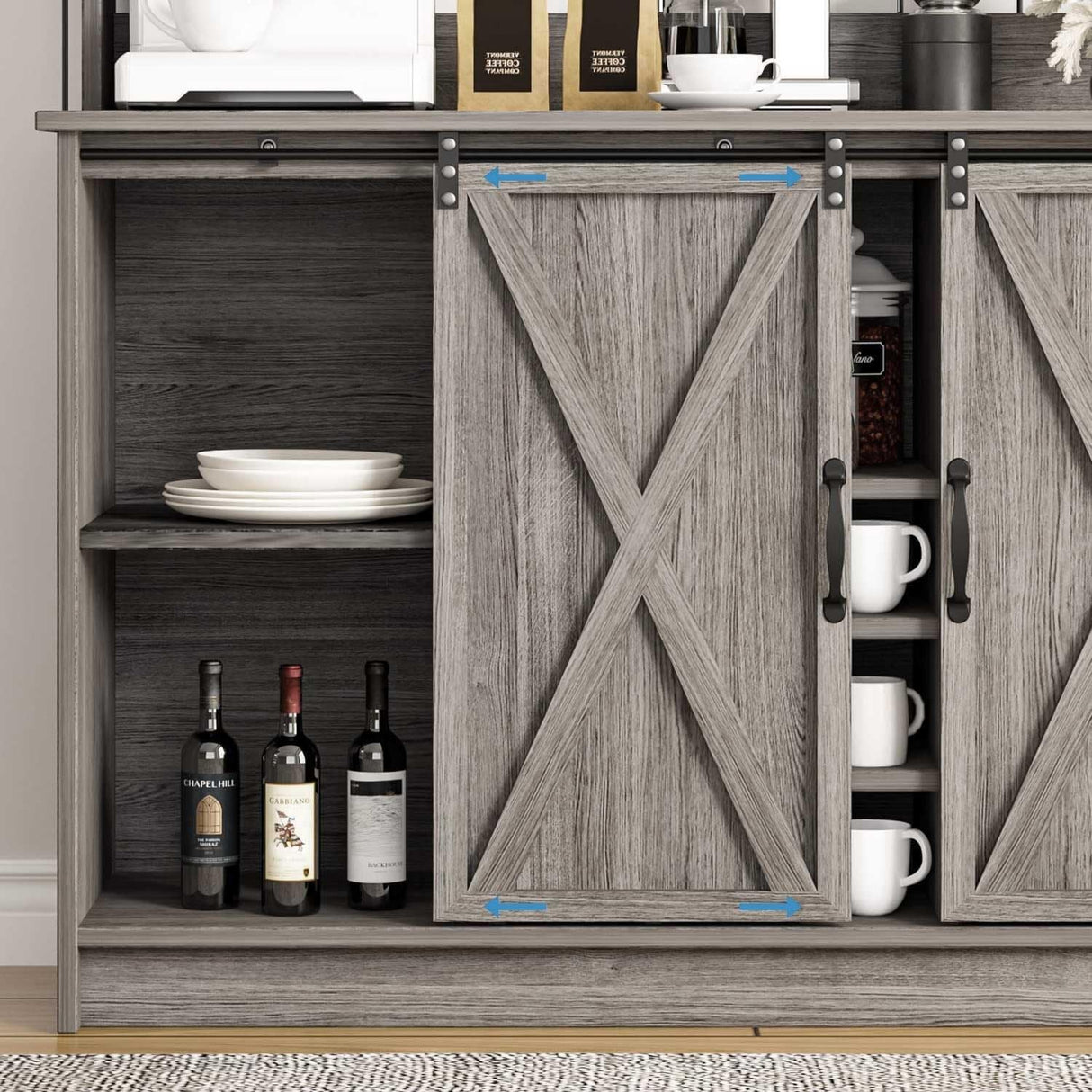 4ever2buy Farmhouse Coffee Bar Cabinet with Sliding Barn Doors, 50 Inch Coffee Bar Hutch with 6 Hooks and 9 Mug Rack, Hutch Cabinet with Storage for Living Room 4ever2buy