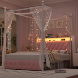 HIFIT Full Size Upholstered LED Canopy Bed Frame with Storage and Charging Station, Button Tufted Storage Headboard with Bookshelf, Two-Use Metal Platform Bed with 4 Removable Posts & 2 Drawers, Pink HIFIT