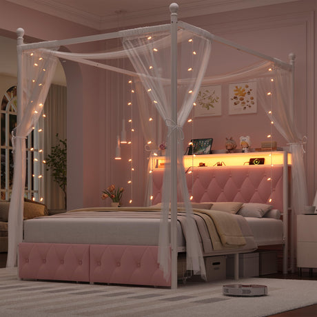 HIFIT Full Size Upholstered LED Canopy Bed Frame with Storage and Charging Station, Button Tufted Storage Headboard with Bookshelf, Two-Use Metal Platform Bed with 4 Removable Posts & 2 Drawers, Pink HIFIT